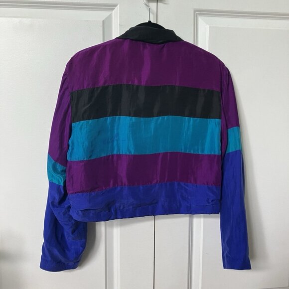 Vintage Sunny Leigh Blazer Womens M 100% Silk Stripe Cropped 80s Blue Purple - Picture 4 of 8